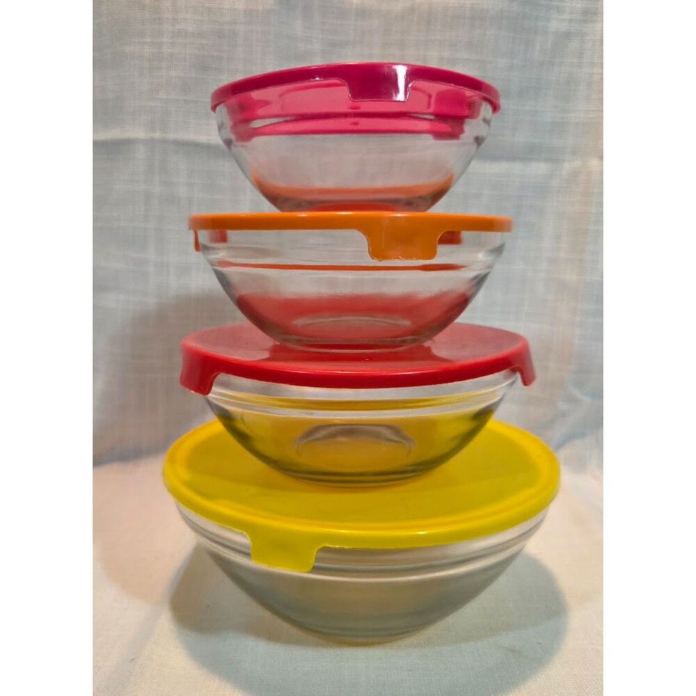Set of 4 Glass Storage Bowls with Colorful Lids Nesting Bowls